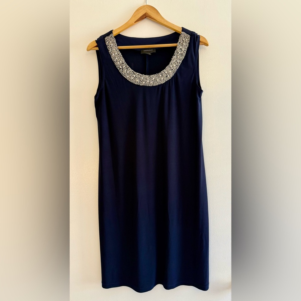 R&M Richards Midnight Blue Dress with Metallic Trim neckline, and jacket
